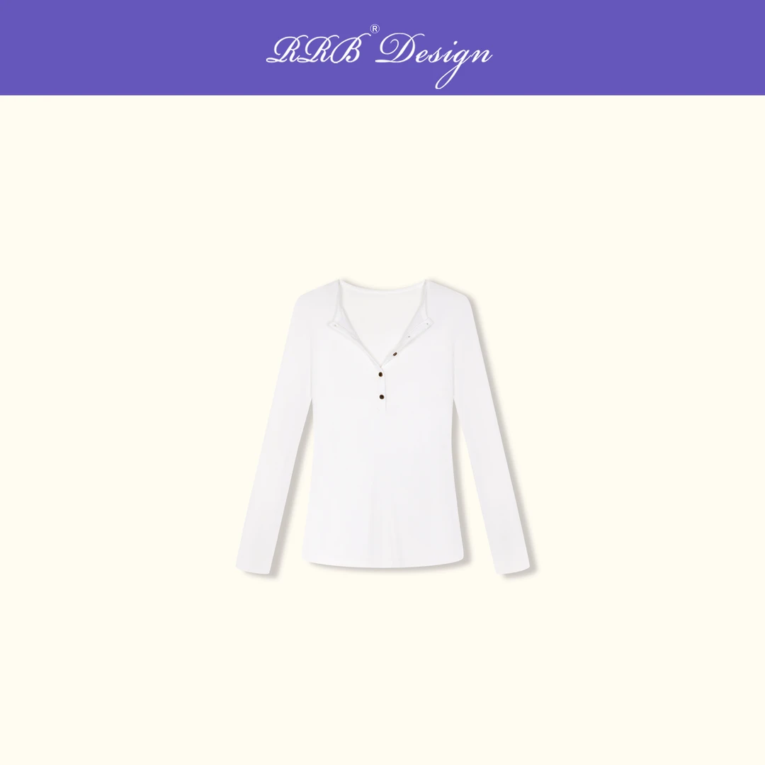 RRB Design「慵懒自在」修身显瘦弹力百搭排扣圆领长袖上衣