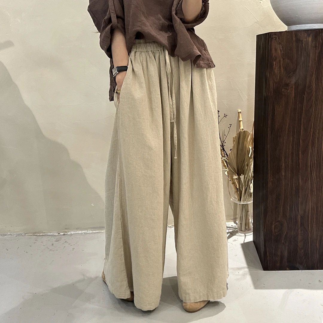 慵懒风松紧腰系带宽松垂感褶皱休闲阔腿裤