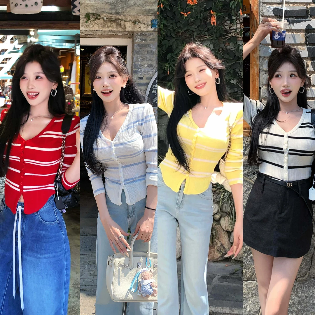 陈六六CHENLIULIU【早春氛围】撞色条纹蕾丝露背针织上衣