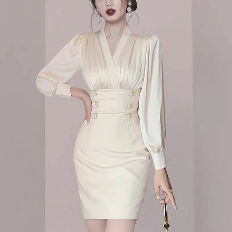 显瘦白色女装2025早秋女装新款气质包臀修身长袖名媛连衣裙子9272