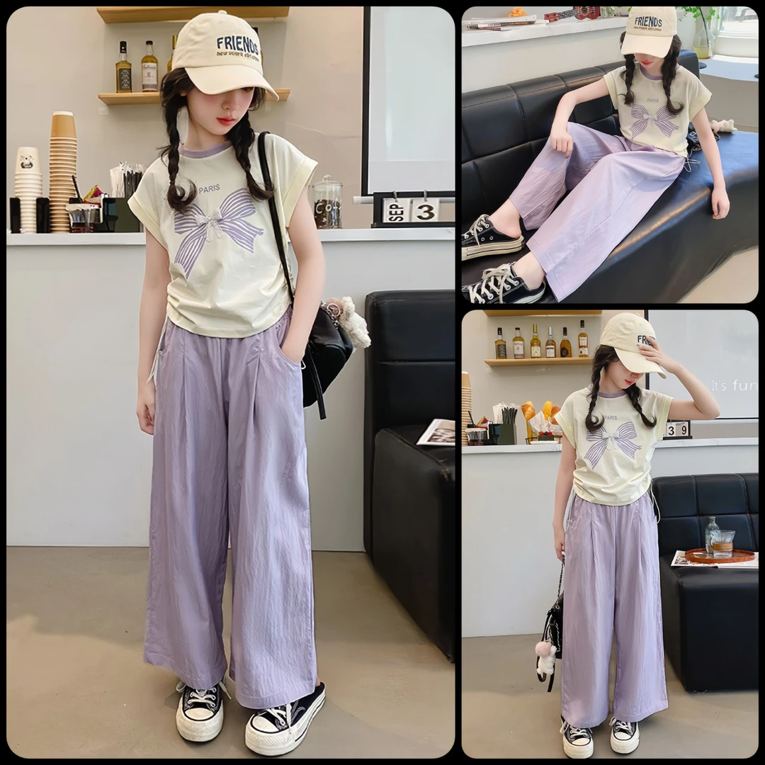 女童夏季套装新款洋气儿童夏装短袖中大童6-12岁15岁薄款冰丝长裤