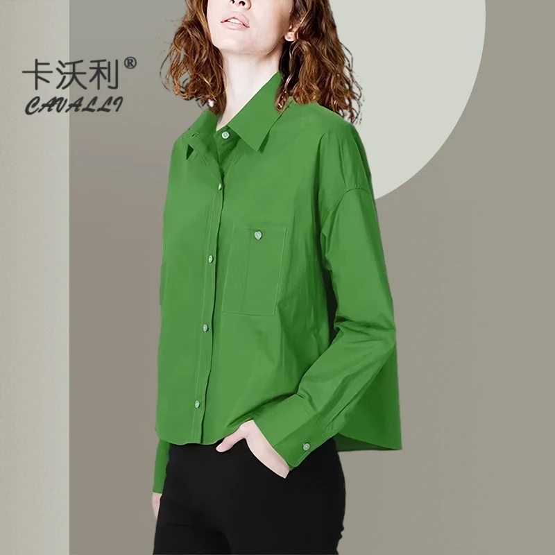 2025春秋季新款通勤绿色衬衫港风宽松小个子上衣简约休闲设计感女
