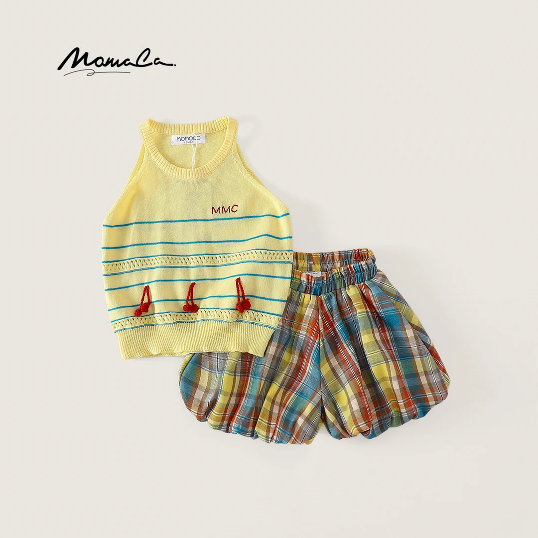 MOMOCO女童夏季洋气休闲百搭黄色格子系两件套77620580014