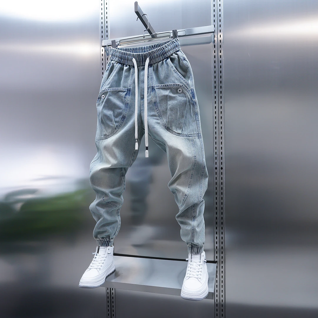 2025春季新款浅蓝色牛仔裤大口袋束脚休闲裤潮牌青少年小脚哈伦裤