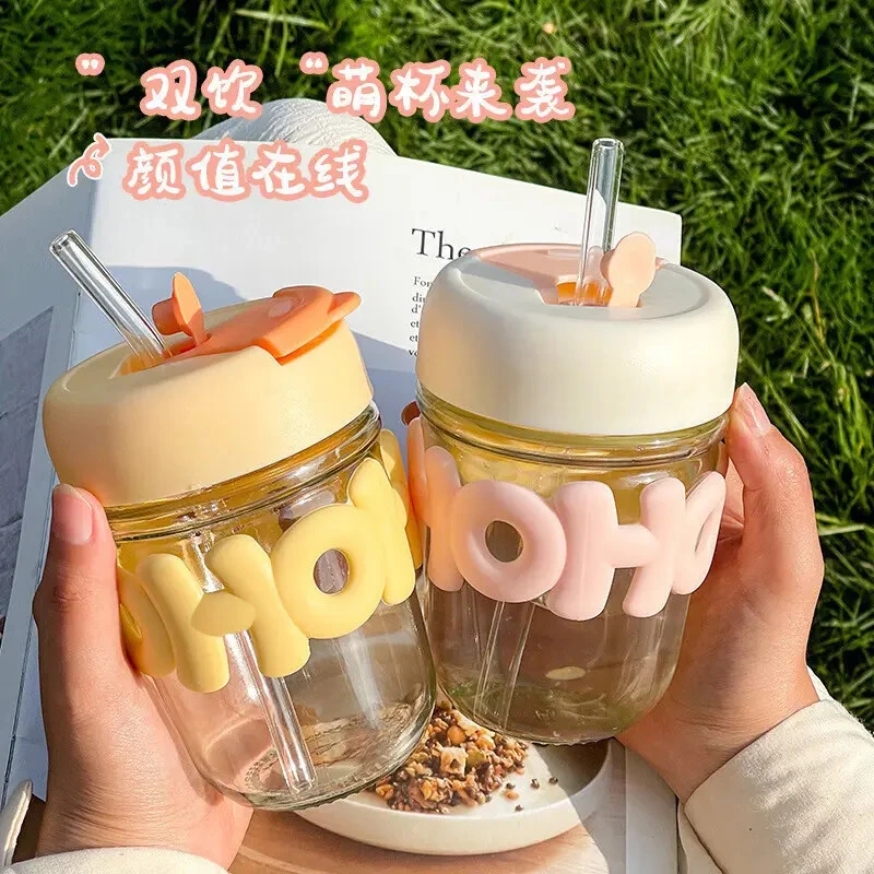 【新店福利】高颜值字母双饮杯透明玻璃杯子吸管杯高颜值玻璃杯子