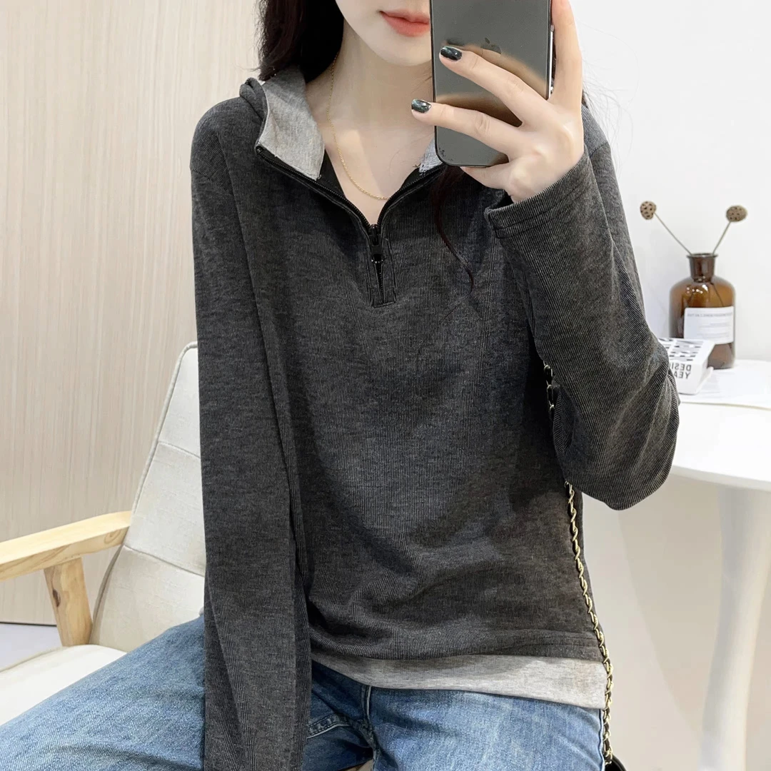 糯米绒半拉链连帽卫衣女2025秋冬假两件撞色百搭显瘦休闲灰色上衣