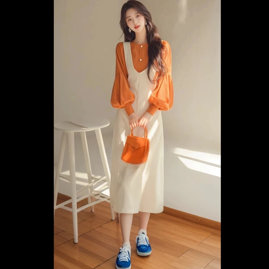韩系风格穿搭一整套名媛气质千金风橘色衬衫裙2025超火两件套春装