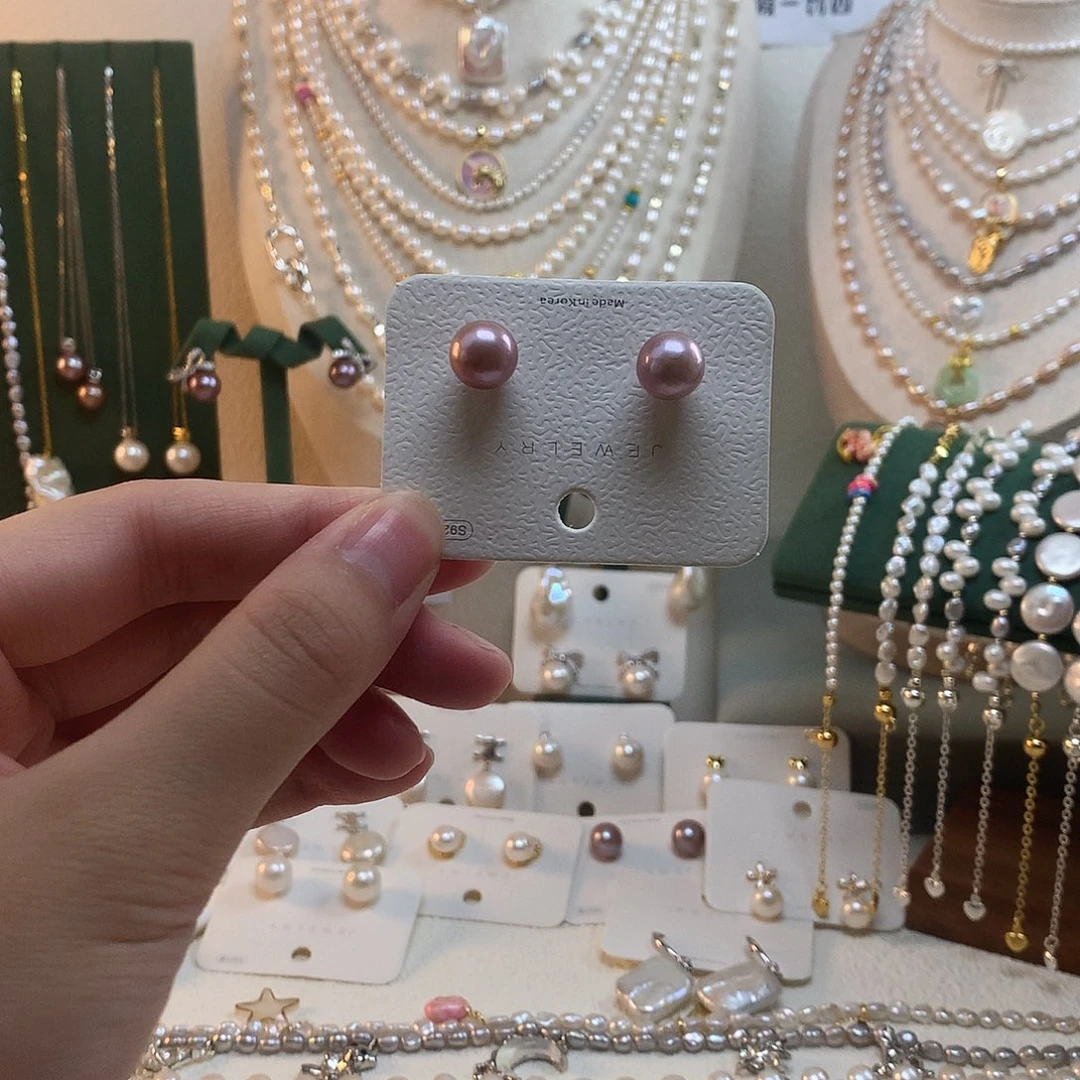 银S925镶嵌淡水珍珠9-10mm幺紫色近正圆耳钉