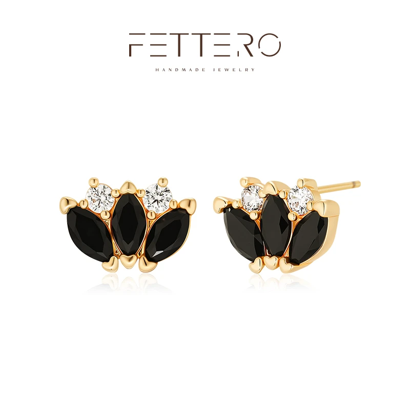 fettero 铜合金耳饰 【金色黑白伞翼耳钉】气质时尚百搭小众镶嵌