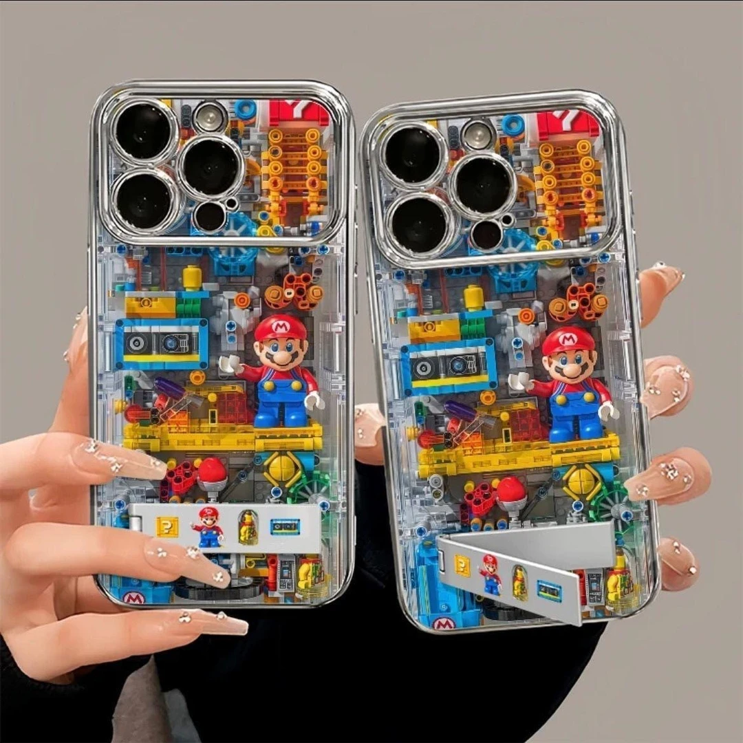 积木马里奥适用苹果15PROMAX手机壳iPhone14带支架13卡通12软壳16