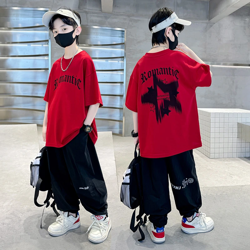 男童夏装短袖套装新款中大童夏季潮款薄款儿童痞帅红色衣服休闲潮