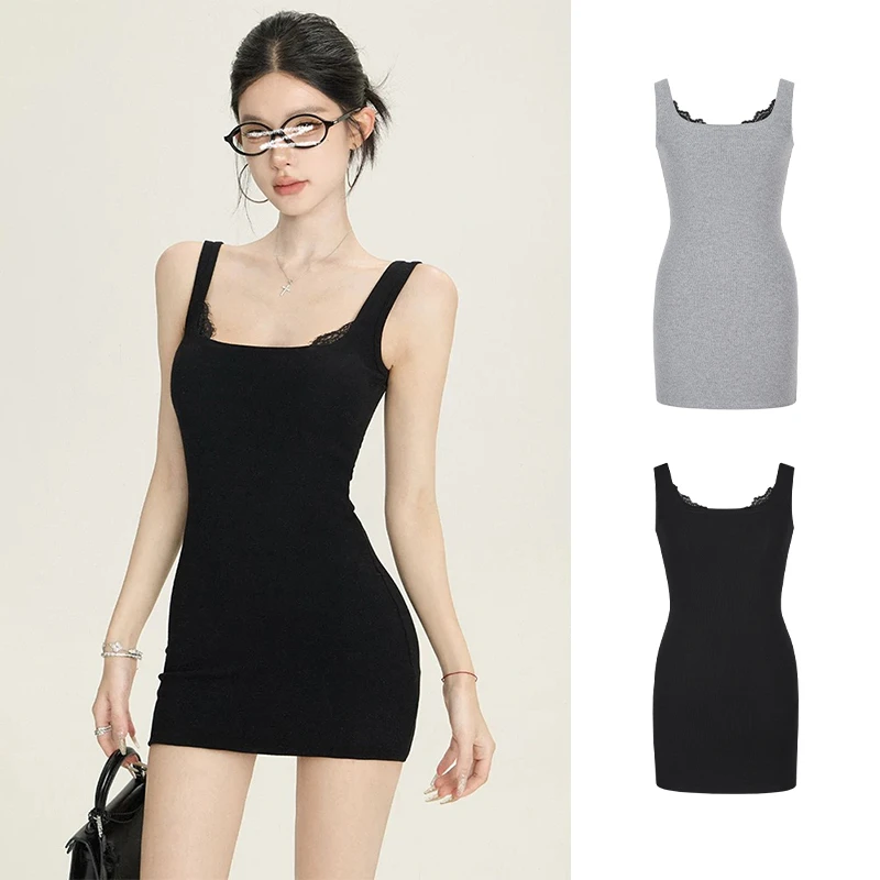 Moses Queen/魔西女王法式蕾丝拼接吊带连衣裙女收腰显瘦包臀短裙