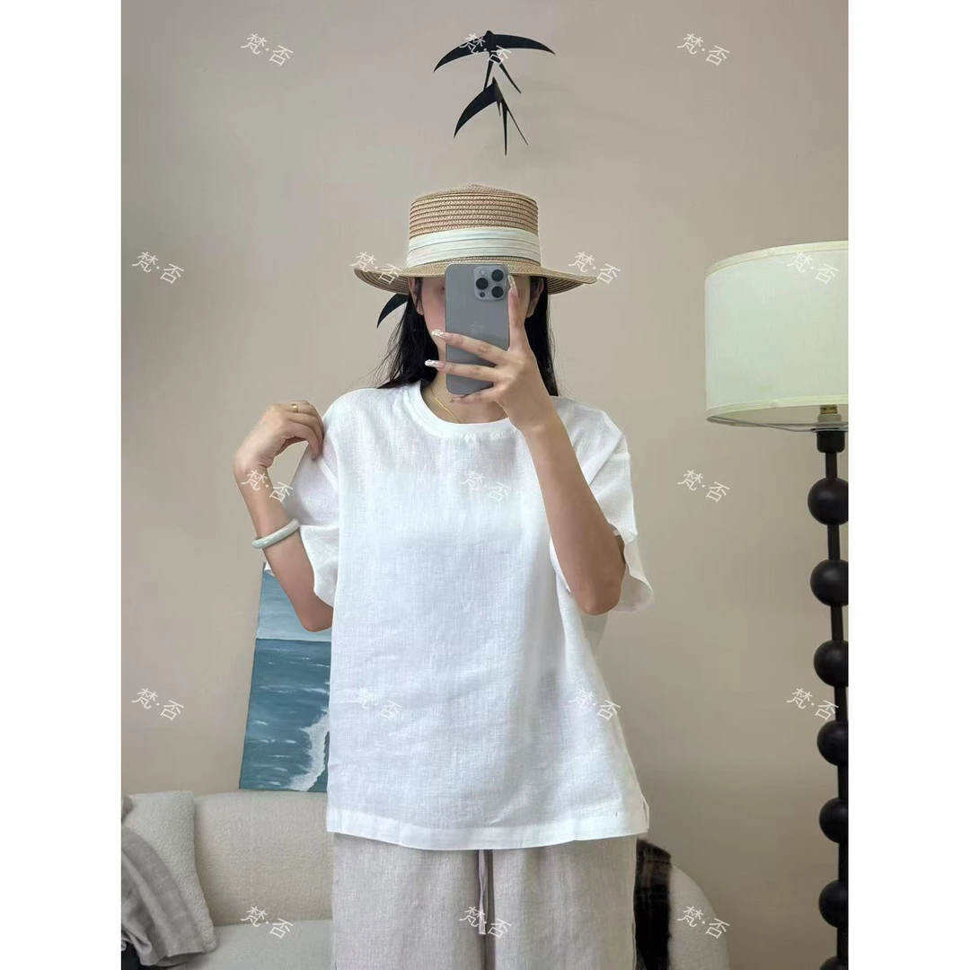 【梵·否】2188夏季新款衬衫简约百搭圆领无扣显瘦宽松短袖