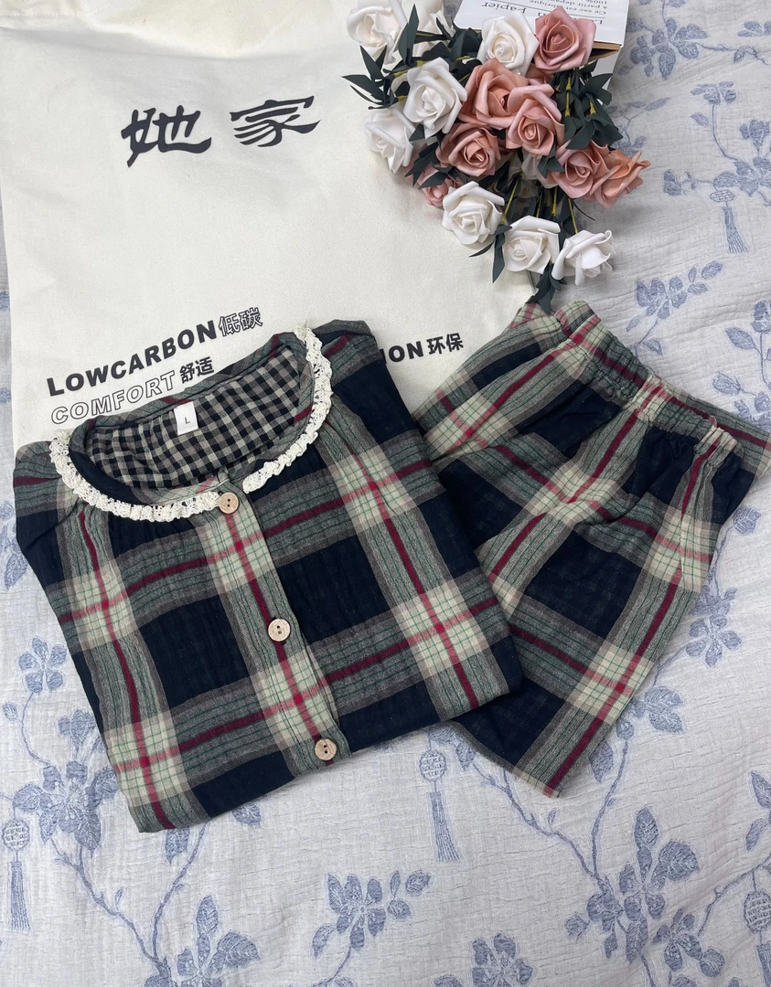 她.家百分百全棉色织提花双层纱轻奢慵懒高端家居服柔软成人家用