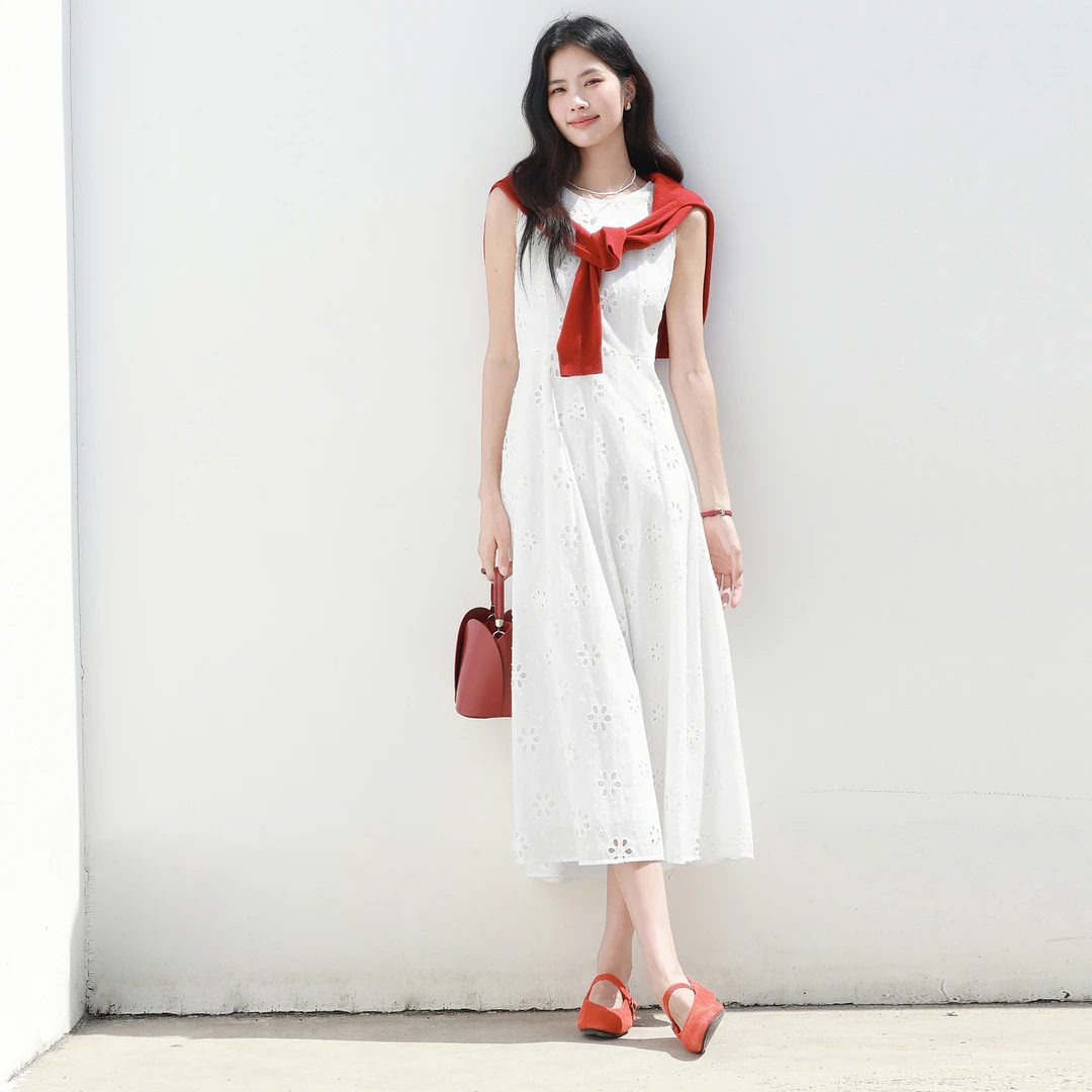 伊芙丽镂空棉布绣花定位边下摆仙女连衣裙夏季气质裙子1G4993241