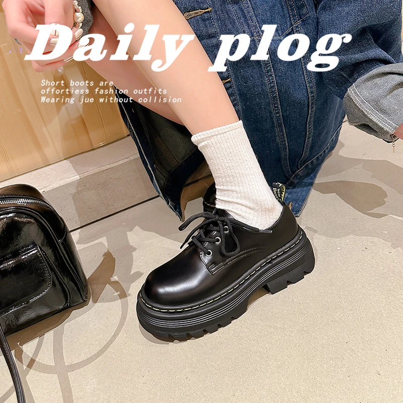 牛皮版~英伦风系带真皮小皮鞋女圆头春秋学院风粗跟厚底德比单鞋