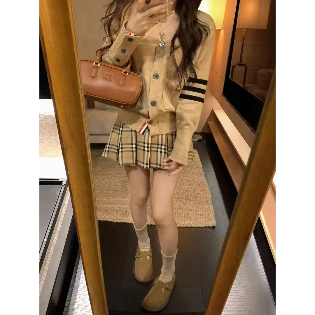 复古学院风套装春秋穿搭一整套针织开衫毛衣外套百褶短裙女高级感