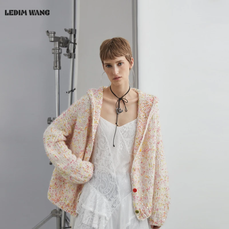 LEDIM WANG白标/连帽慵懒风针织毛衣开衫外套女糖果色2025冬新款