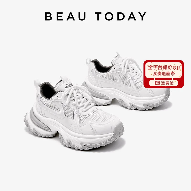 BeauToday厚底潮鞋白色老爹鞋女增高运动休闲鞋透气运动鞋
