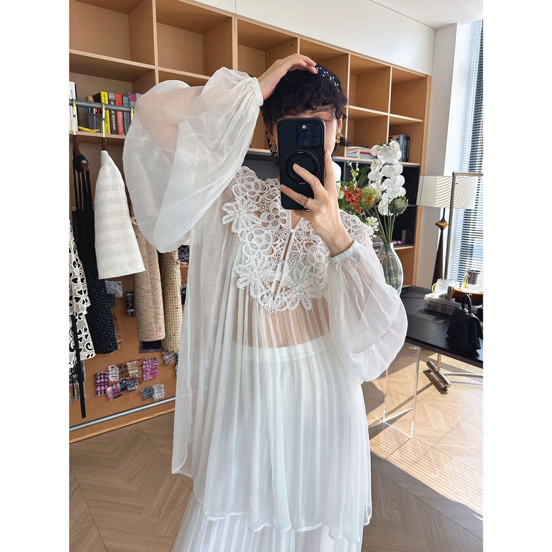 玖着'灵动女神'100桑蚕丝顺纡高密繁复定位水溶蕾丝绝美仙气上衣