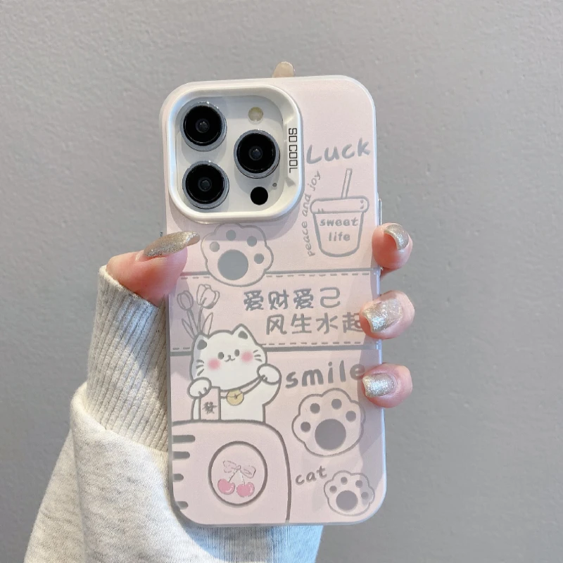 招财猫爱财爱己适用苹果16promax壳新款彩绘iPhone15pro磨砂彩银1