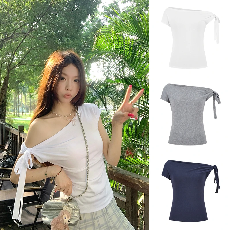 Moses Queen/魔西女王设计感绑带短袖T恤女小众斜肩辣妹修身上衣