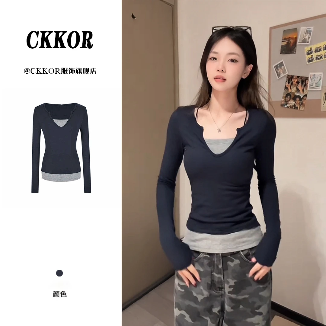 CKKOR美式复古假两件拼接设计感长袖t恤女秋冬时尚新年打底衫上衣