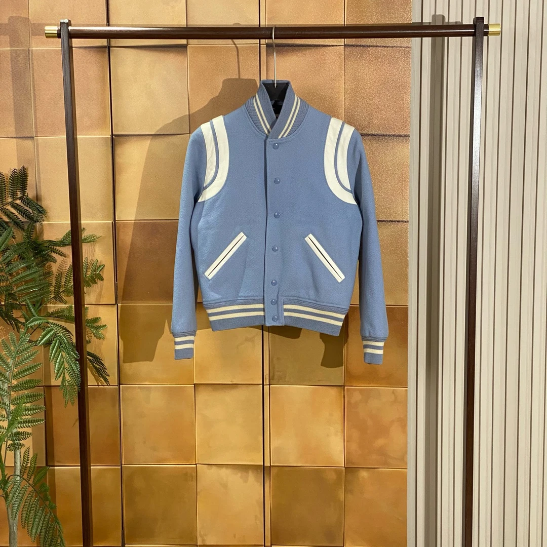 Saint Laurent Paris爆款雾霾蓝拼皮棒球服/38码/99新/27435