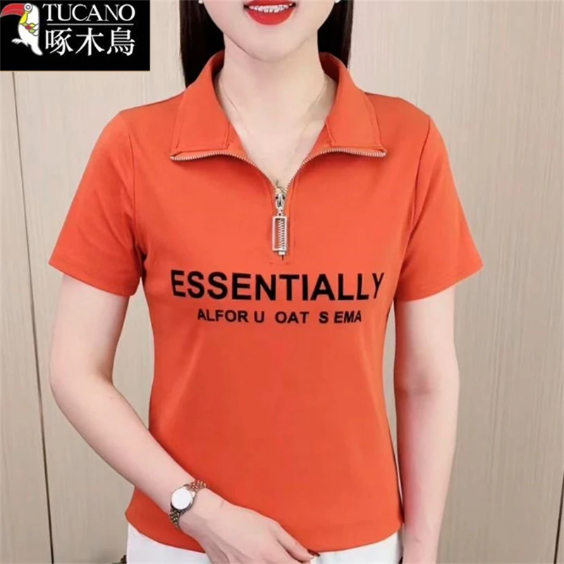 啄木鸟夏季短袖印花拉链T恤2025年新款女士减龄宽松显瘦翻领上衣