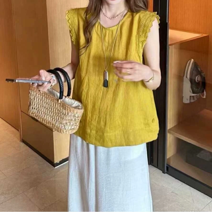 2025夏季新款韩版时尚百搭圆领宽松显瘦花边亚麻无袖背心女上衣潮