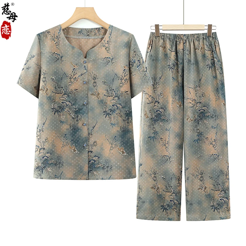 中老年妈妈夏装新款T恤小衫上衣老年太太奶奶60岁70套装休闲衣服