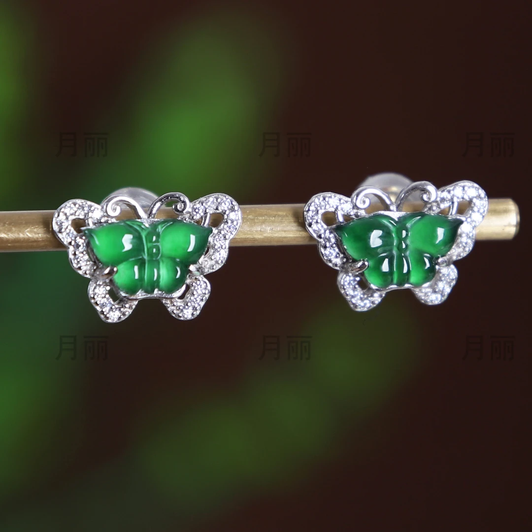 天然冰种翡翠A货蝴蝶耳钉养耳洞 辣绿色 时尚精致款玉石耳饰