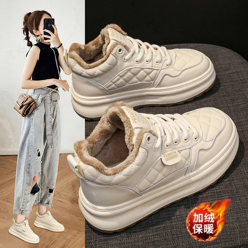 2025加绒厚底高帮厚底小白鞋女棉鞋加厚女鞋秋冬季百搭时尚女鞋
