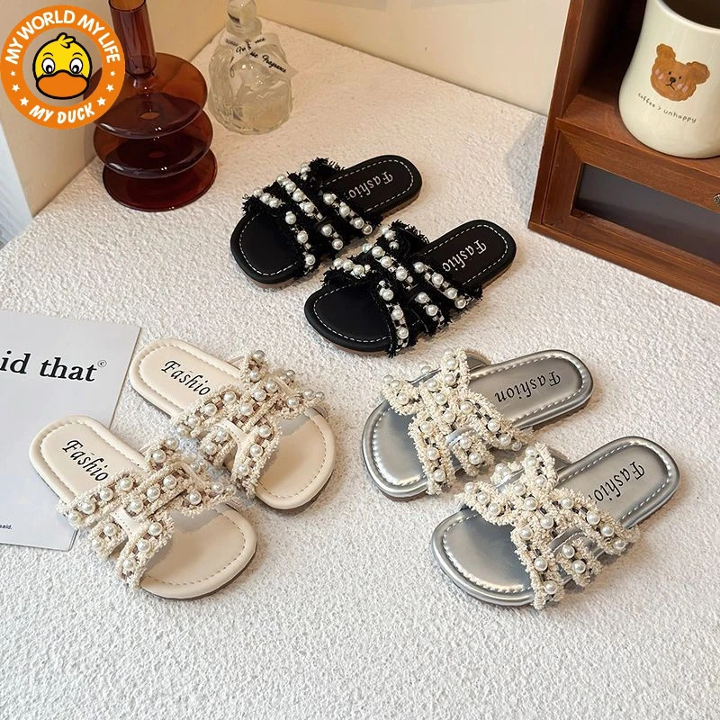 小黄鸭女童韩版小香风流苏外穿一字拖鞋2025夏季新款软底公主鞋潮