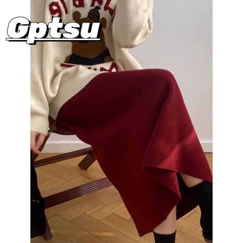 GPTSu圣诞穿搭红色针织半身裙女冬季长款a字包臀半裙糯米止步长裙