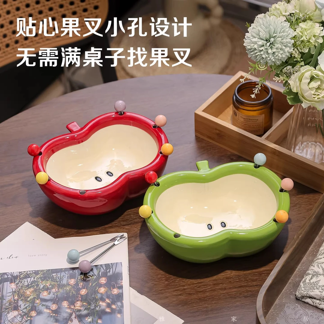 ININHOME创意苹果陶瓷可爱果叉果盘卡通新年桌面摆盘S