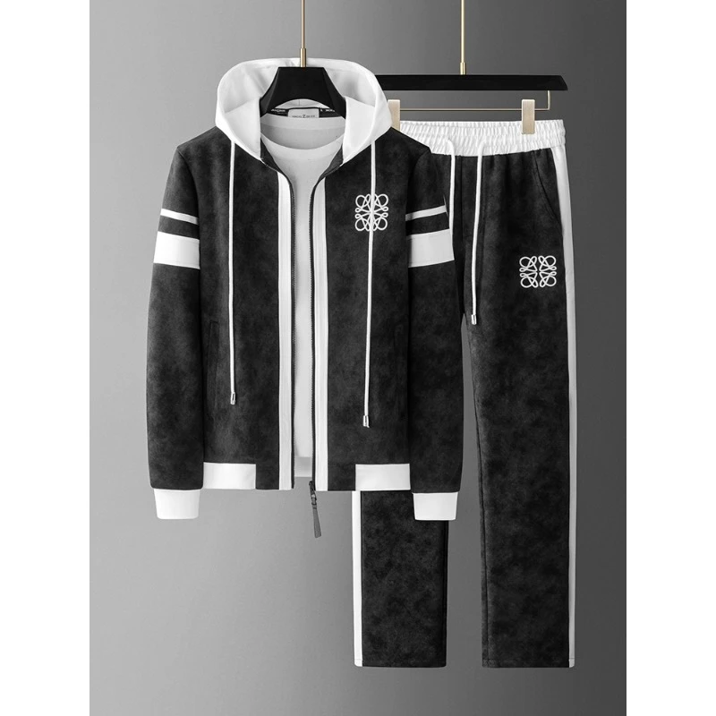 潮牌连帽休闲运动套装男士秋冬季时尚百搭撞色宽松卫衣卫裤两件套