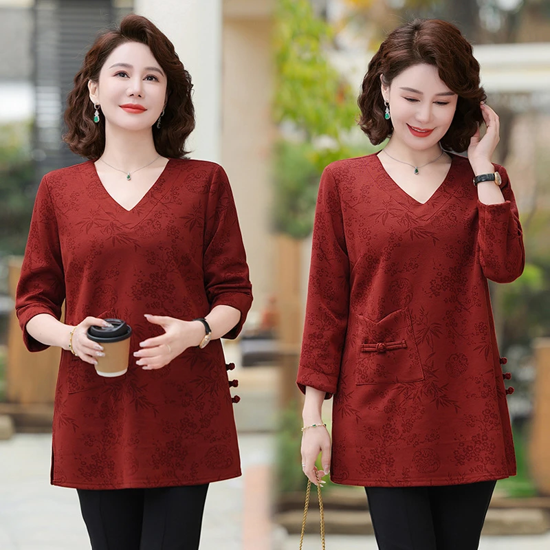 秋季新款妈妈装九分袖T恤衫中老年女春秋款宽松显瘦遮肚减龄上衣