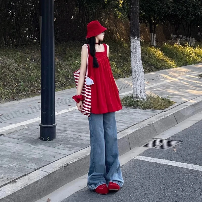 韩系红色露背无袖吊带背心女外穿2025新款减龄气质绝美鱼骨上衣女
