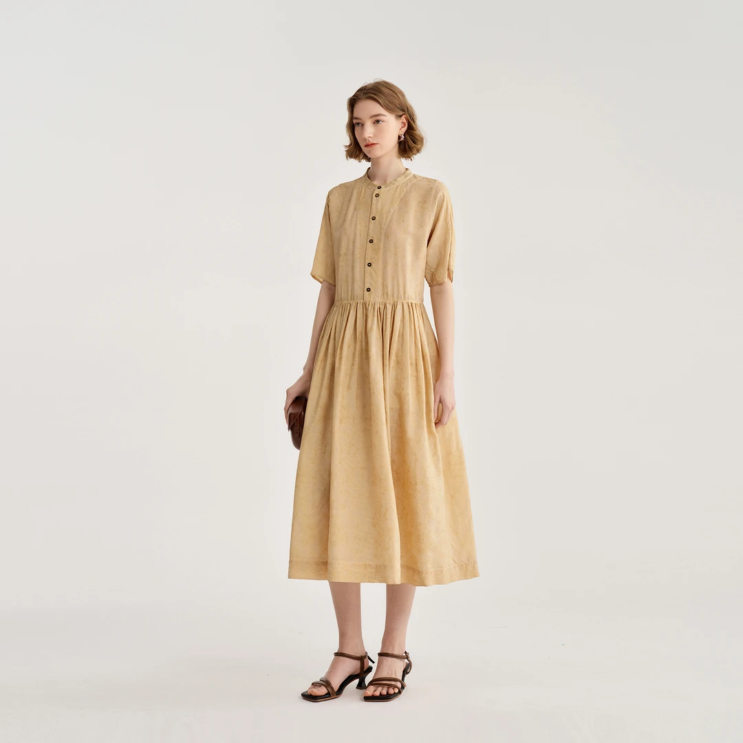 EIN/言【商场同款】光影浮花炒色提花立领贝壳扣连衣裙25夏季新款