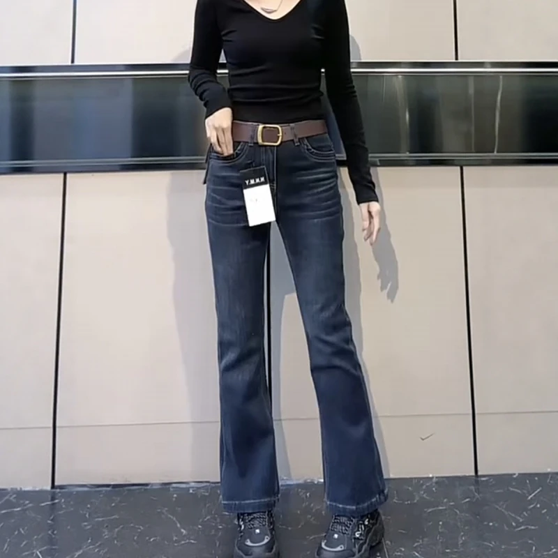 大码女装复古百搭修身牛仔裤女2025秋季新款高腰显瘦九分微喇叭裤