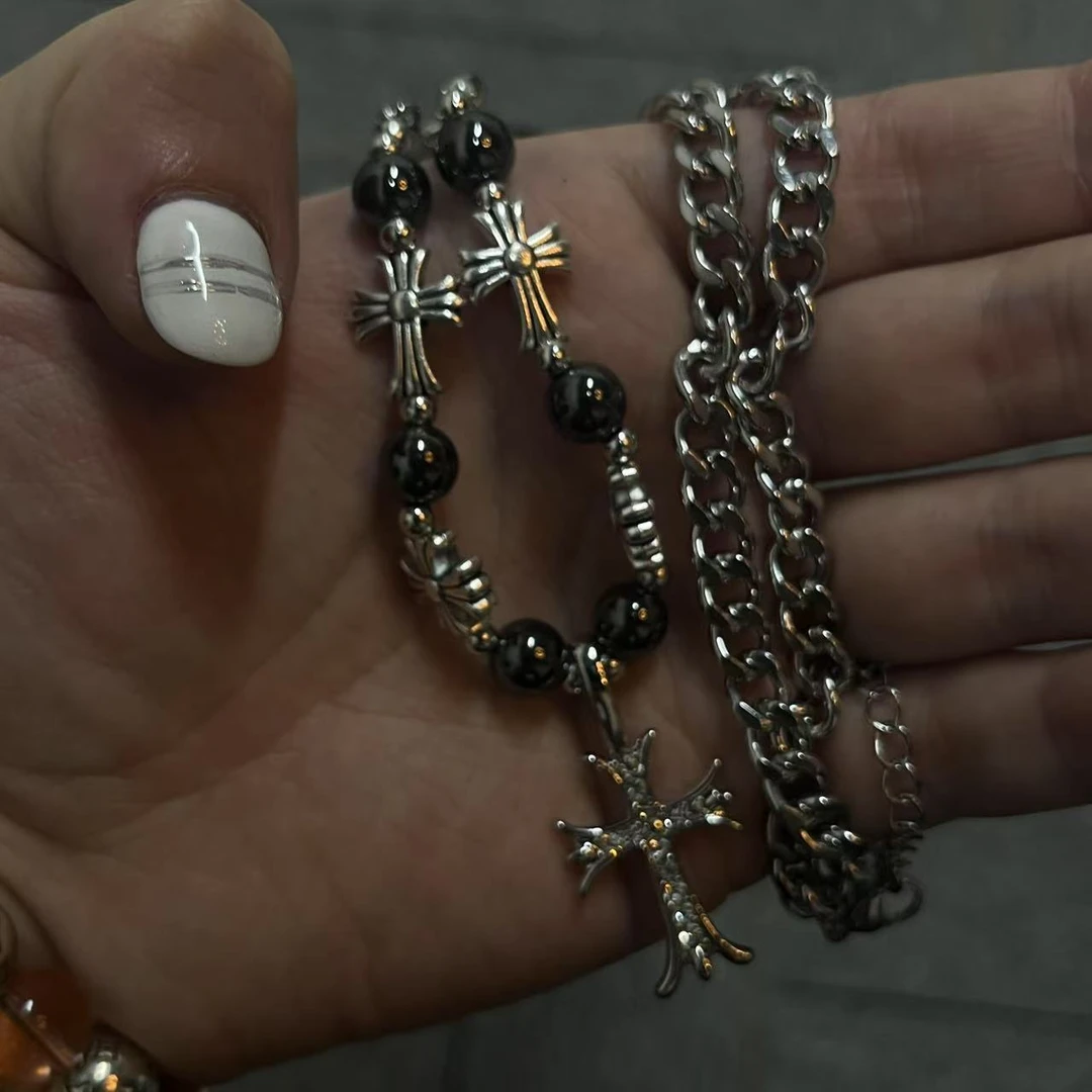 合金项链 【陨灭 迷途 项链】黑珠古巴十字项链国潮风发字嘻哈潮