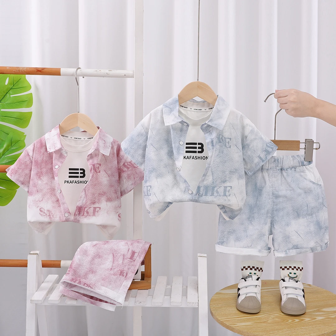 XY-25053男宝宝印花短袖短裤衬衫夏季休闲百搭文艺宽松短袖三件套