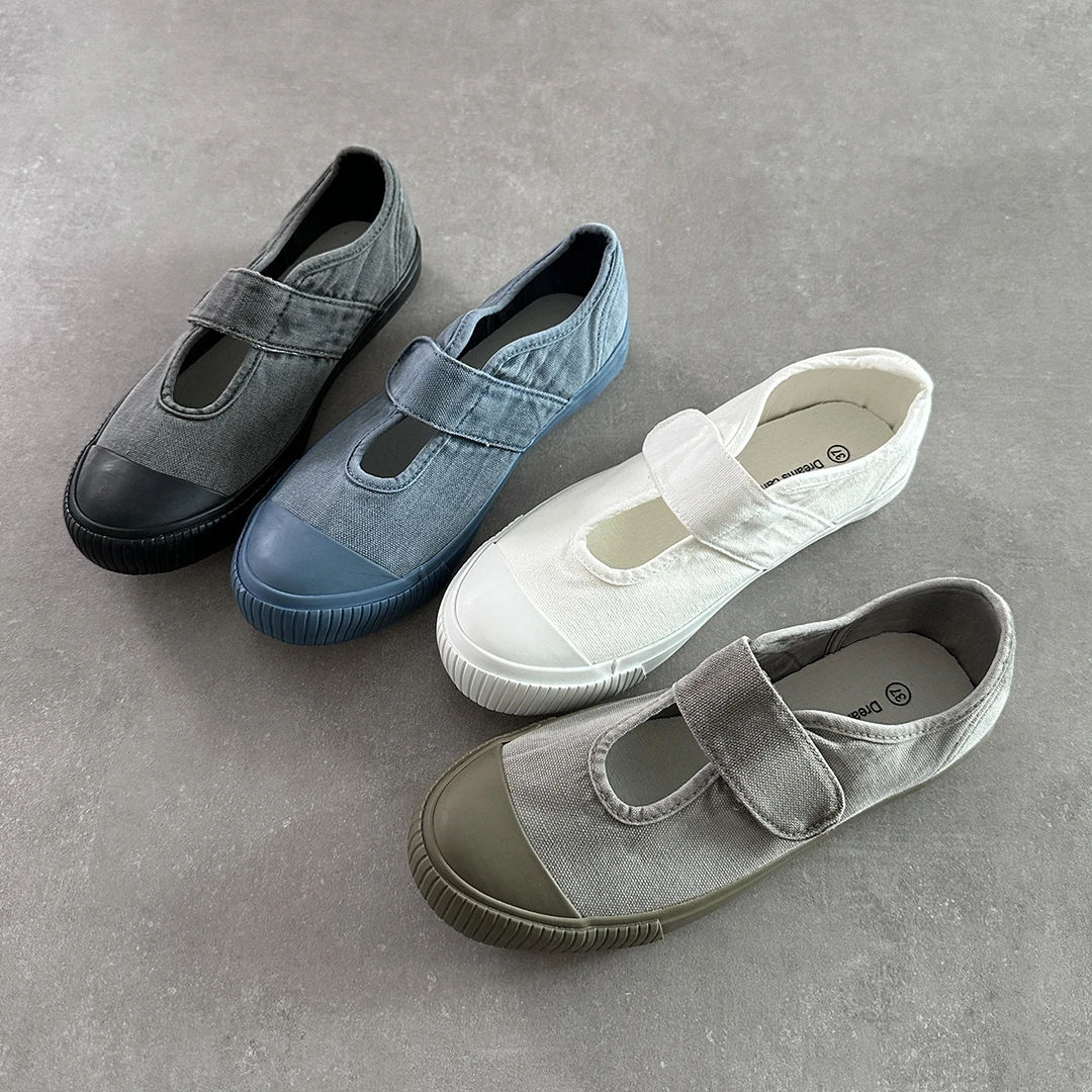 魔术贴帆布鞋日韩复古做旧单鞋新款女式防滑透气软底懒人鞋小白鞋
