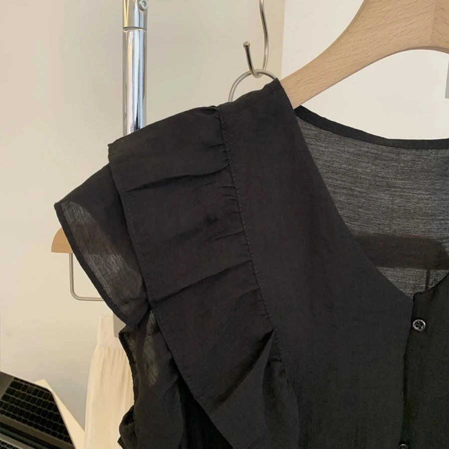 黑色领小飞袖娃娃衫女夏季法式荷叶边无袖衬衫衬衣短款上衣小衫jj