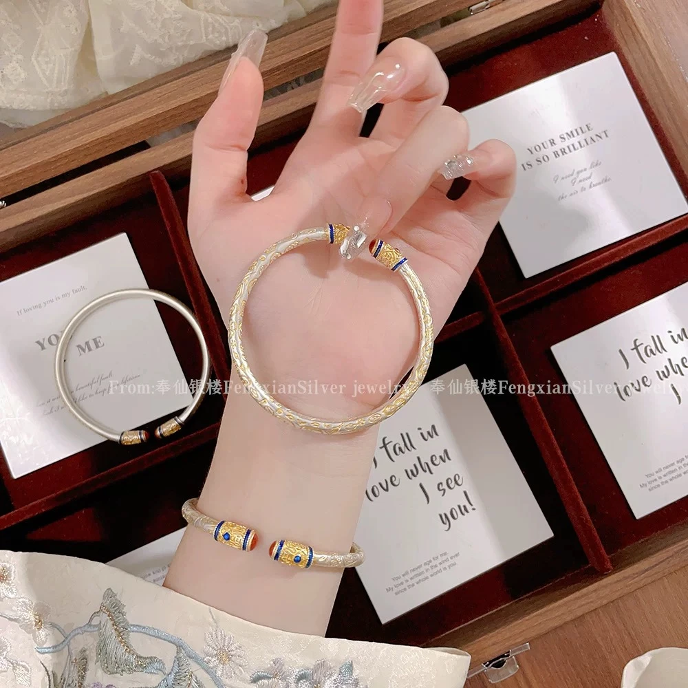 足银手镯 中式唐草纹描金如意纯银999手镯描金吉言招财猫情侣礼物