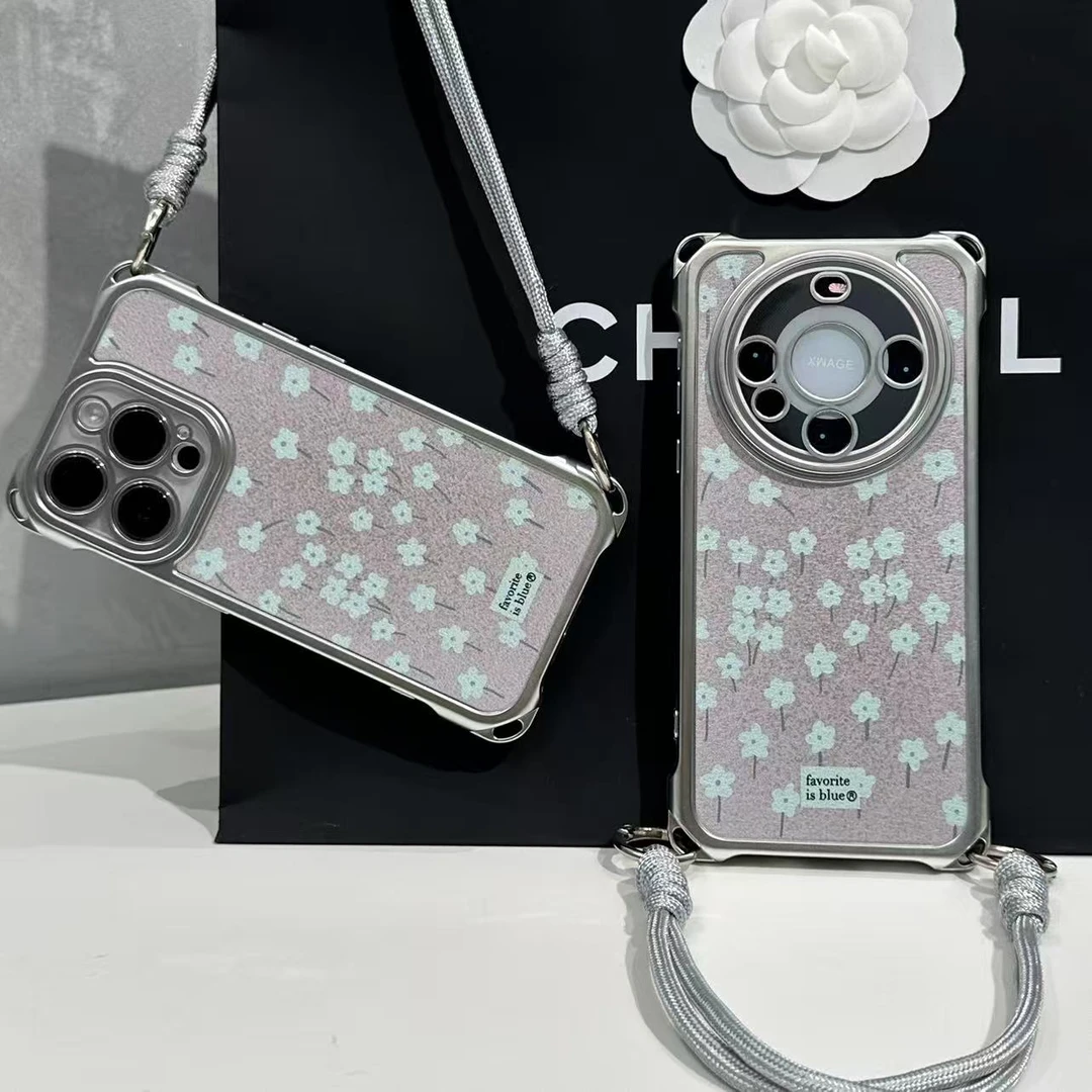 奥菲顿灰底小蓝花适用苹果17/16四角挂绳手机壳华为vivoppo小米15