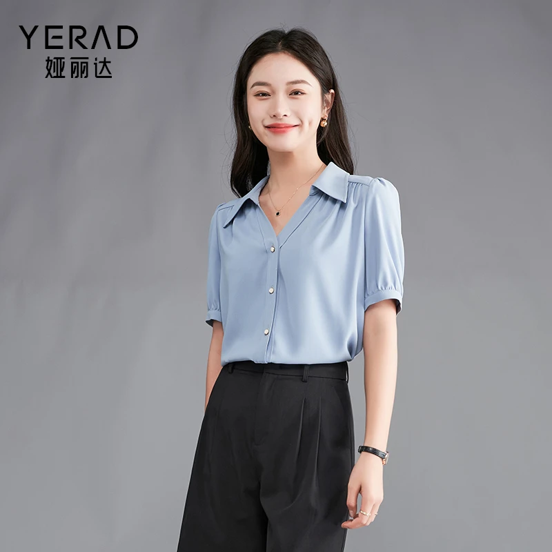 娅丽达高级感通勤蓝色衬衣短袖衬衫夏季2025新款百搭气质衬衣