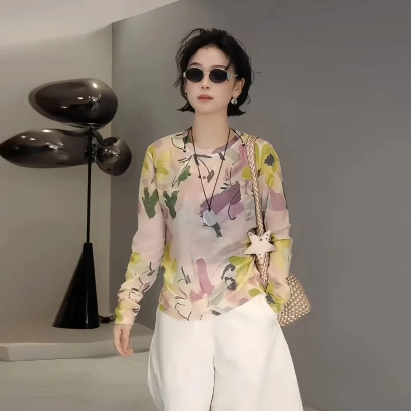 印花圆领长袖冰丝防晒罩衫女夏款2025新款时尚洋气超好看T恤上衣