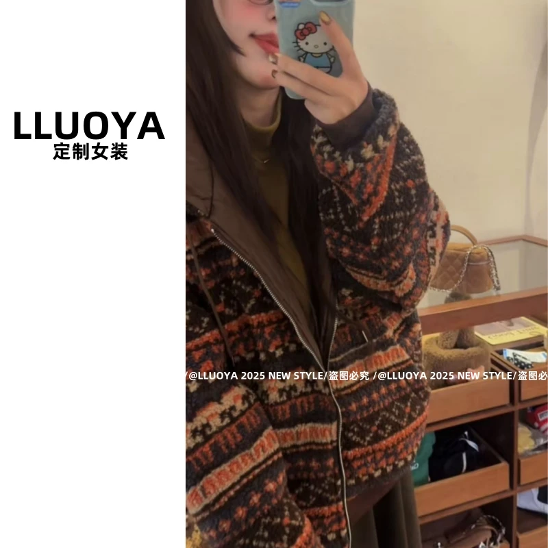 LLUOYA - 复古撞色连帽加厚休闲外套